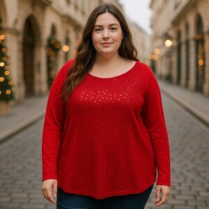 ✨ CHAPS Red Sequin Cotton Knit Top — 3X — Holiday Luxe & Comfort ✨